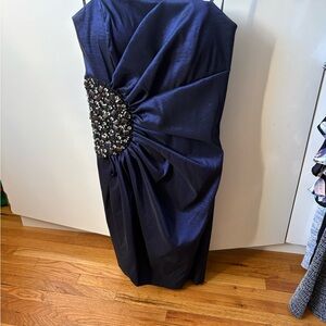 Elegant Navy Strapless Dress with Beaded Detail